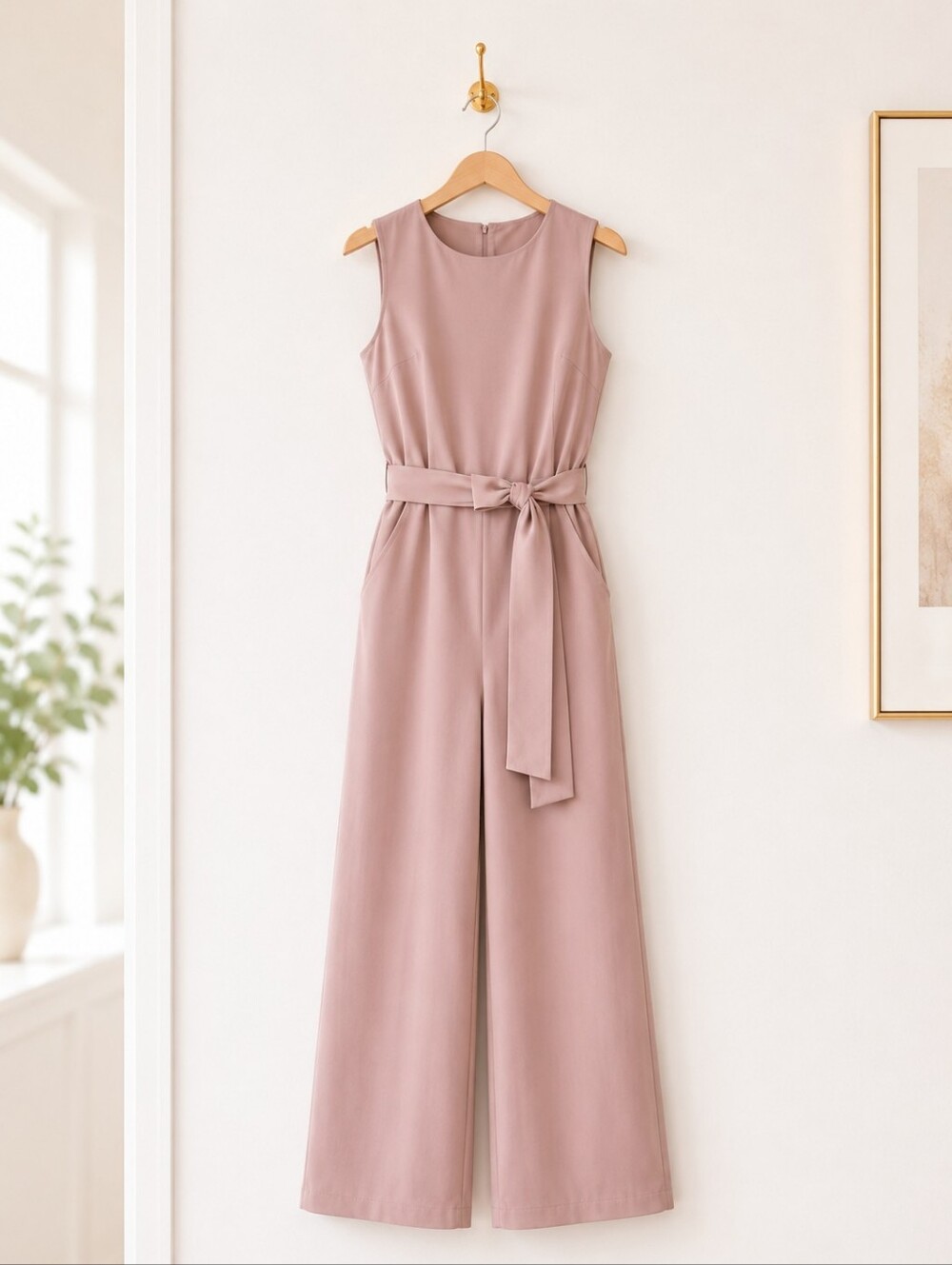 Bebe | Blush Pink Lined Wide Leg Jumpsuit Belted Sleeveless | Size Medium - Picture 5 of 8